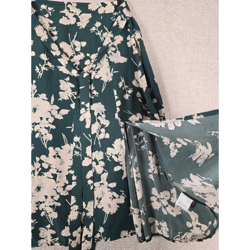 Allegra K XL‎ Green Floral Midi Skirt A-Line Self Tie Belt Side Slit Womens
